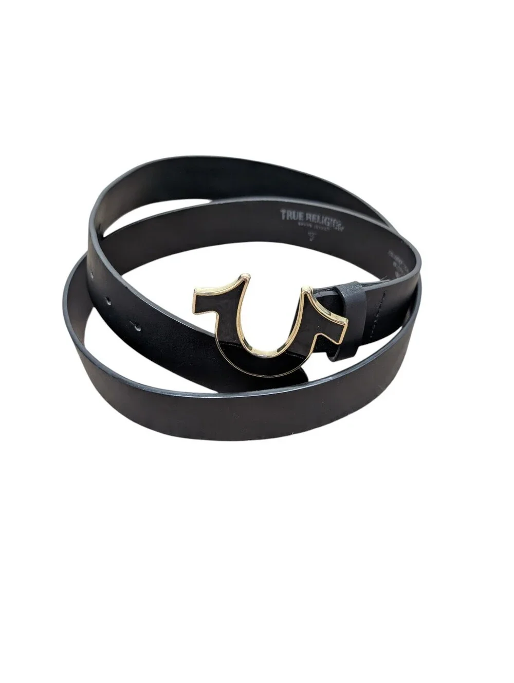 TRUE RELIGION Men's Black Leather Belt with Gold Horseshoe Buckle
